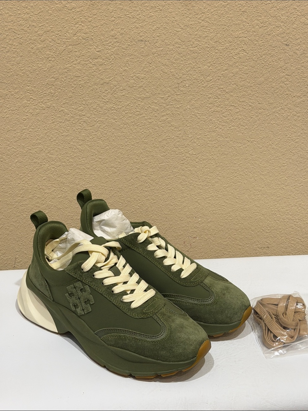Tory Burch Olive Green and Cream Platform Sneakers